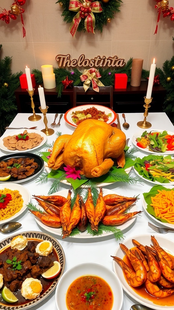 A festive Christmas dinner table with roasted turkey, beef rendang, grilled seafood, and Indonesian salads.